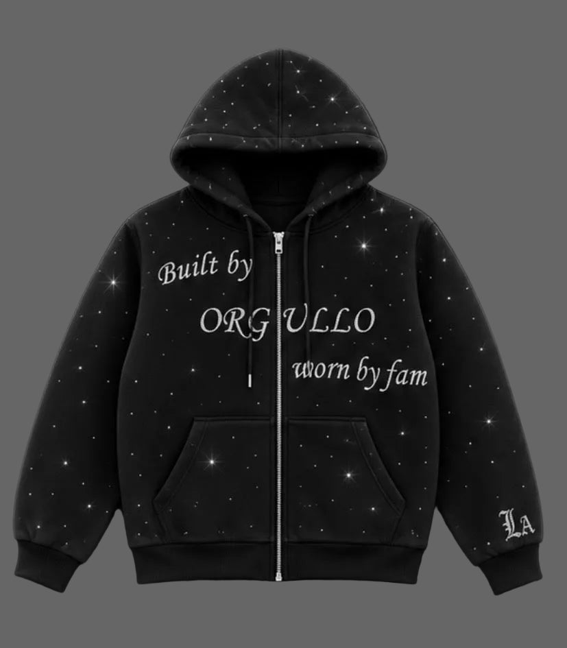 M&N Orgullo black rhinestone zip-up hoodie with Built by ORGULLO worn by fam lettering