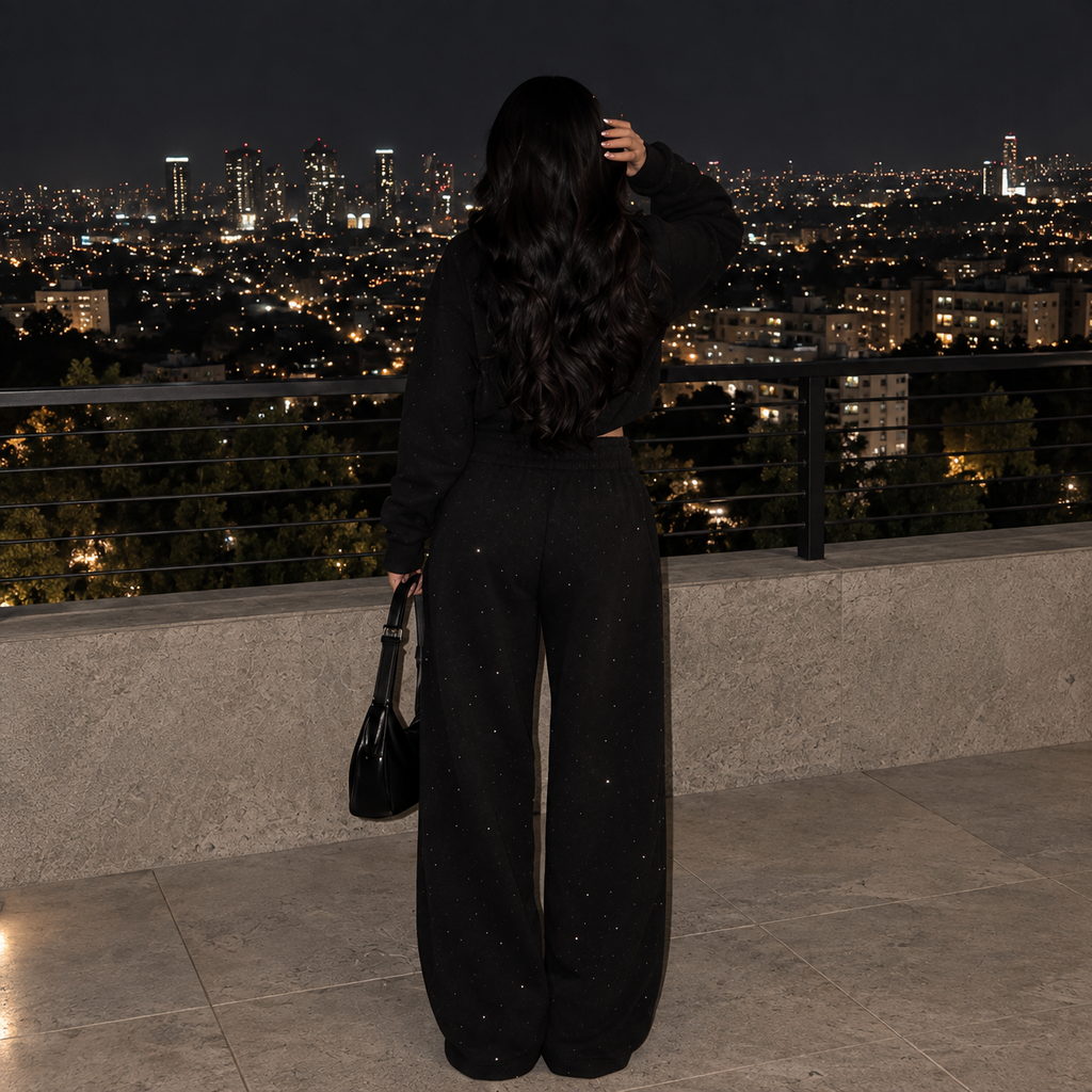 Back view of model wearing M&N Orgullo black rhinestone sweatpants