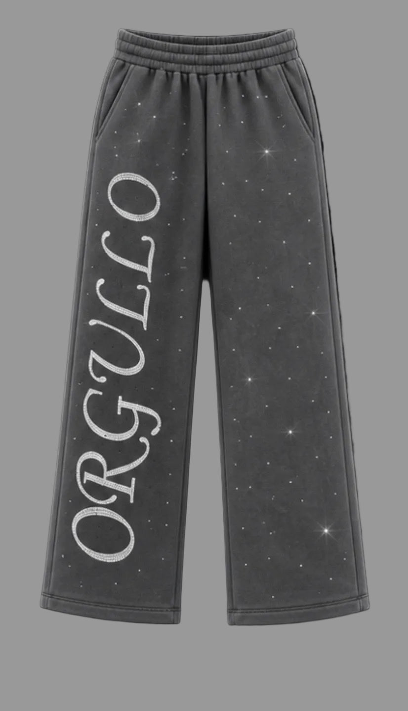 M&N Orgullo dark gray rhinestone wide-leg sweatpants with ORGULLO lettering